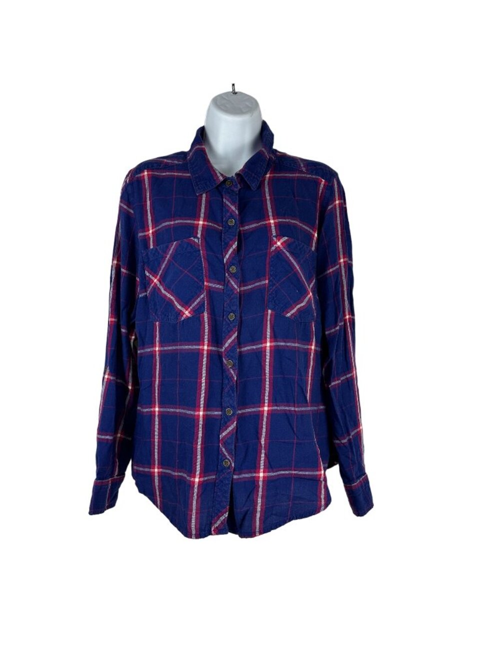 Faded Glory Womens Button Down Plaid Flannel Shirt L Bright Blue Red Cotton Long